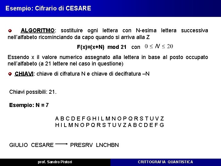 Esempio: Cifrario di CESARE ALGORITMO: sostituire ogni lettera con N-esima lettera successiva nell’alfabeto ricominciando Esempio: Cifrario di CESARE ALGORITMO: sostituire ogni lettera con N-esima lettera successiva nell’alfabeto ricominciando