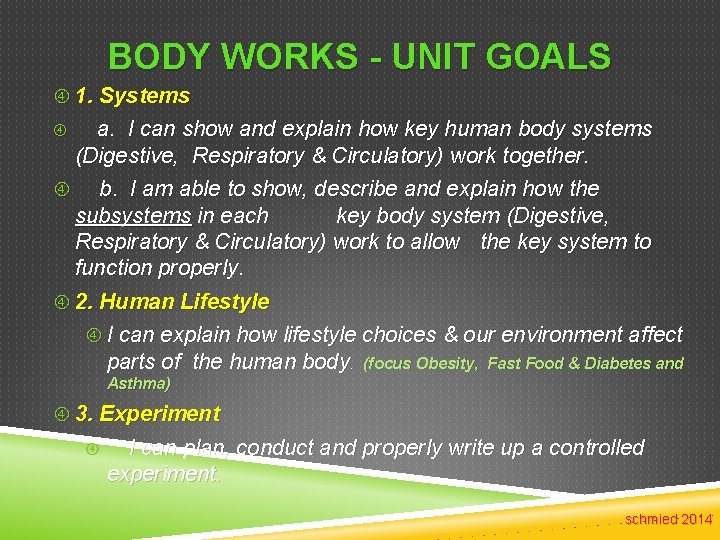 BODY WORKS - UNIT GOALS 1. Systems a. I can show and explain how