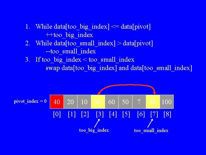 1. While data[too_big_index] <= data[pivot] ++too_big_index 2. While data[too_small_index] > data[pivot] --too_small_index 3. If