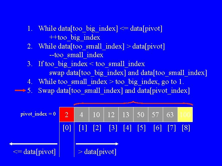 1. While data[too_big_index] <= data[pivot] ++too_big_index 2. While data[too_small_index] > data[pivot] --too_small_index 3. If