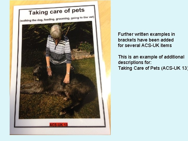 Further written examples in brackets have been added for several ACS-UK items This is