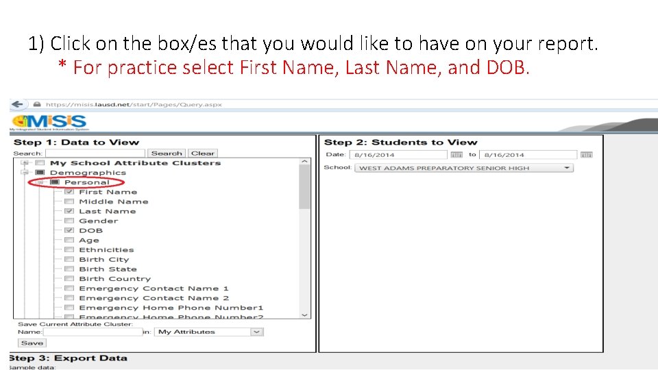 1) Click on the box/es that you would like to have on your report.