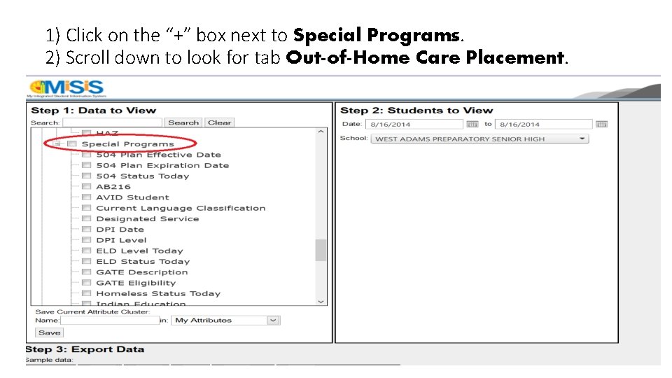 1) Click on the “+” box next to Special Programs. 2) Scroll down to