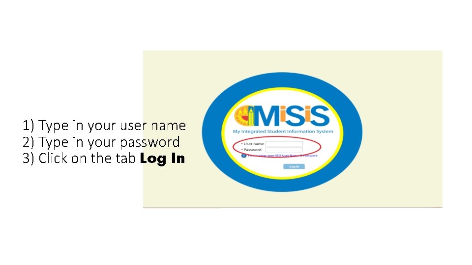 1) Type in your user name 2) Type in your password 3) Click on