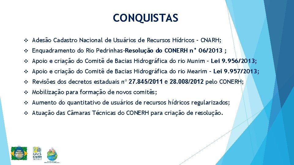 CONQUISTAS v Adesão Cadastro Nacional de Usuários de Recursos Hídricos – CNARH; v Enquadramento