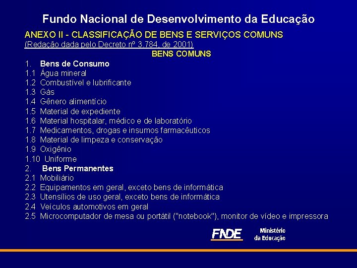 Fundo Nacional de Desenvolvimento da Educação ANEXO II - CLASSIFICAÇÃO DE BENS E SERVIÇOS