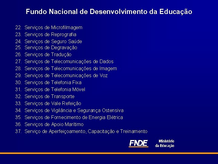 Fundo Nacional de Desenvolvimento da Educação 22. Serviços de Microfilmagem 23. Serviços de Reprografia