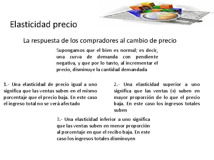 Elasticidad precio La respuesta de los compradores al cambio de precio Supongamos que el