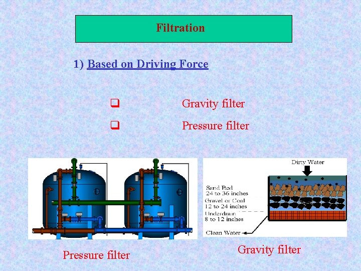 Filtration 1) Based on Driving Force q Gravity filter q Pressure filter Gravity filter