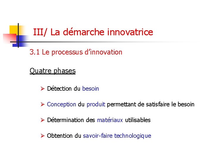  III/ La démarche innovatrice 3. 1 Le processus d’innovation Quatre phases Ø Détection