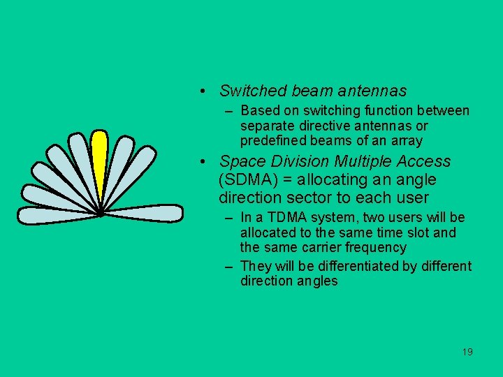  • Switched beam antennas – Based on switching function between separate directive antennas
