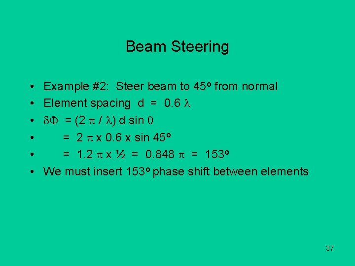 Beam Steering • • • Example #2: Steer beam to 45 o from normal