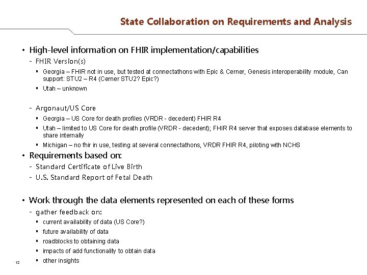 State Collaboration on Requirements and Analysis • High-level information on FHIR implementation/capabilities - FHIR