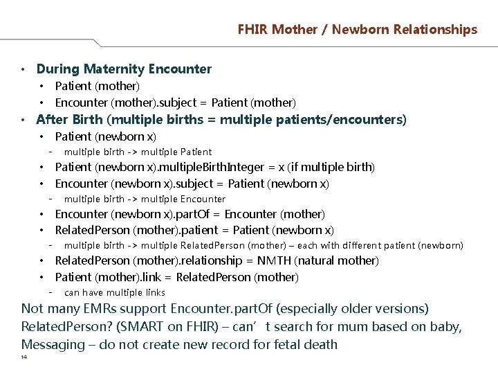 FHIR Mother / Newborn Relationships • During Maternity Encounter Patient (mother) Encounter (mother). subject