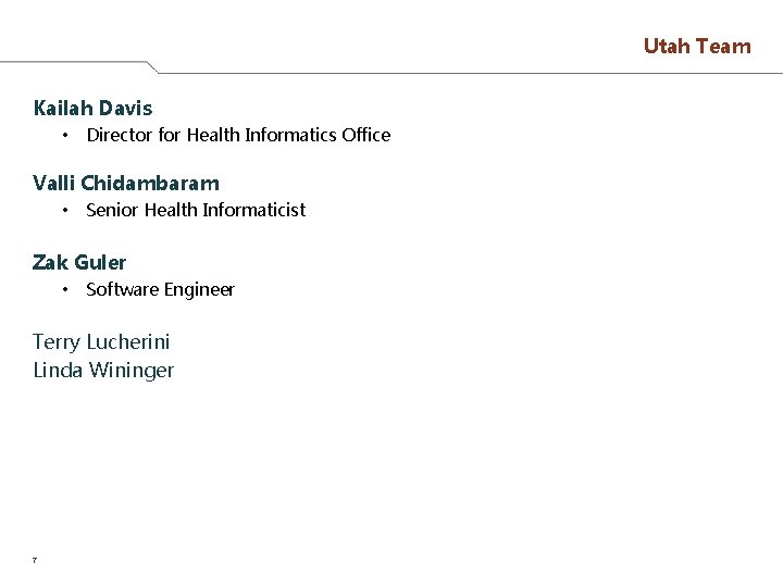 Utah Team Kailah Davis • Director for Health Informatics Office Valli Chidambaram • Senior