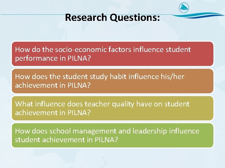 Research Questions: How do the socio-economic factors influence student performance in PILNA? How does