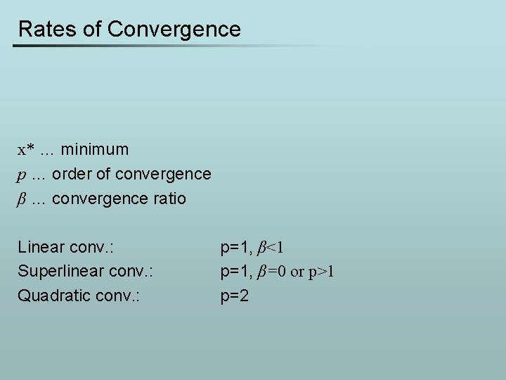 Rates of Convergence x* … minimum p … order of convergence β … convergence