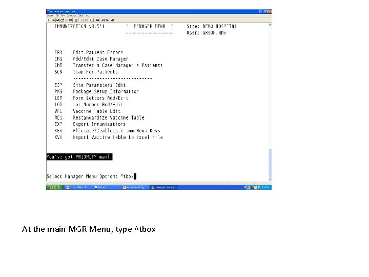 At the main MGR Menu, type ^tbox 