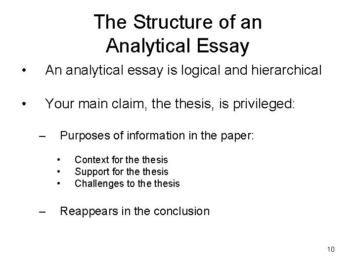 The Structure of an Analytical Essay • An analytical essay is logical and hierarchical The Structure of an Analytical Essay • An analytical essay is logical and hierarchical