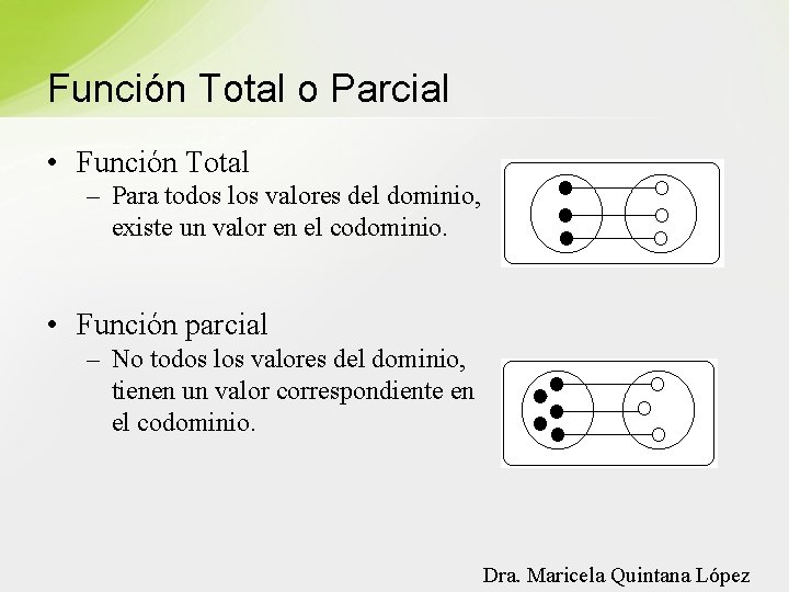 Función Total o Parcial • Función Total – Para todos los valores del dominio,