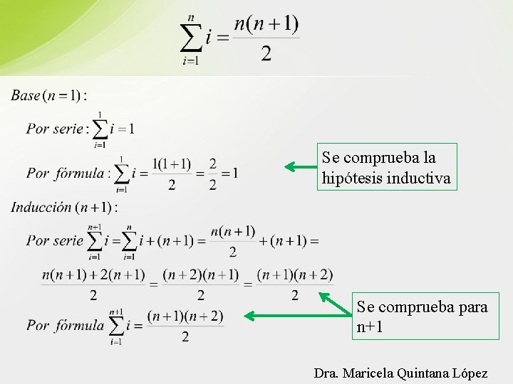 Se comprueba la hipótesis inductiva Se comprueba para n+1 Dra. Maricela Quintana López 