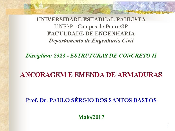 UNIVERSIDADE ESTADUAL PAULISTA UNESP - Campus de Bauru/SP FACULDADE DE ENGENHARIA Departamento de Engenharia