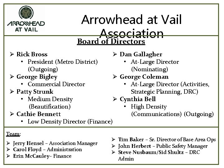 Arrowhead at Vail Association Board of Directors Ø Rick Bross Ø • President (Metro