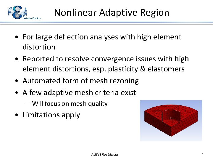 … within Epsilon Nonlinear Adaptive Region • For large deflection analyses with high element