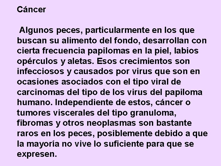 Cáncer Algunos peces, particularmente en los que buscan su alimento del fondo, desarrollan con