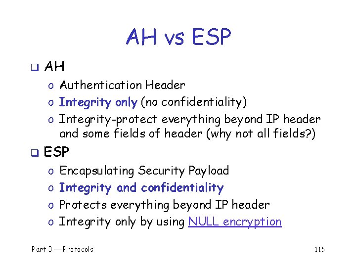 AH vs ESP q AH o Authentication Header o Integrity only (no confidentiality) o