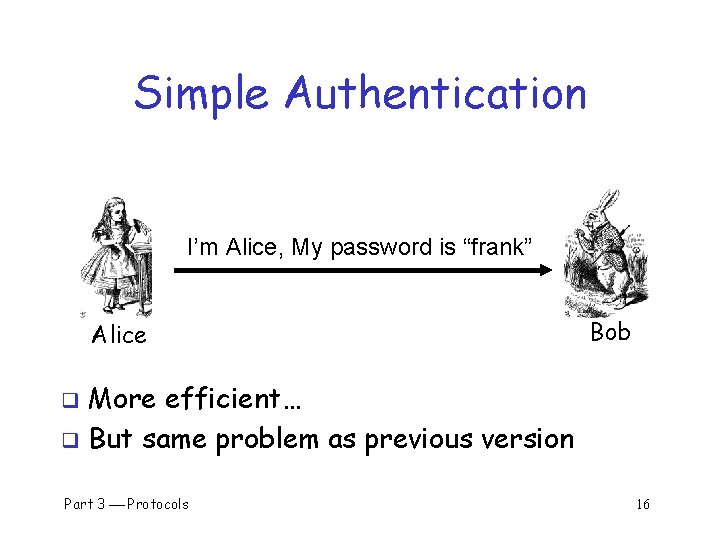 Simple Authentication I’m Alice, My password is “frank” Alice Bob More efficient… q But