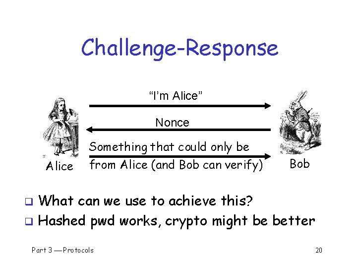 Challenge-Response “I’m Alice” Nonce Alice Something that could only be from Alice (and Bob