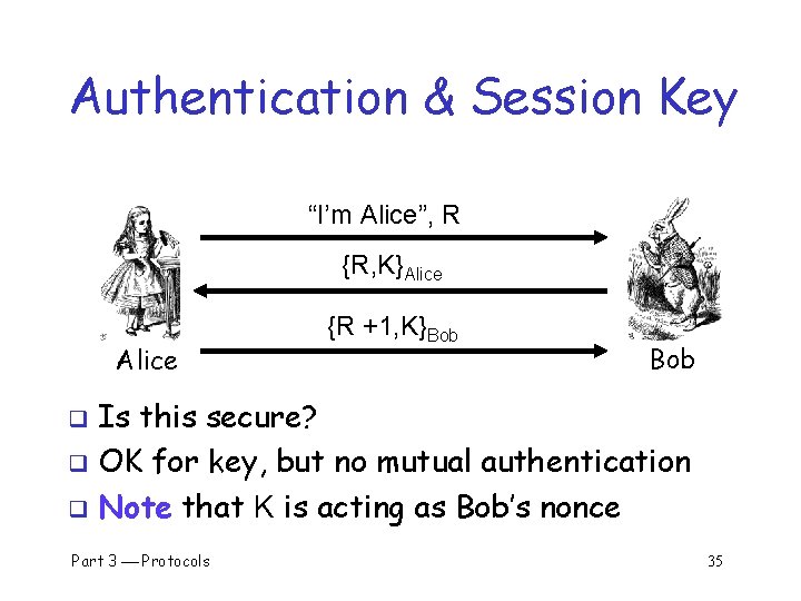 Authentication & Session Key “I’m Alice”, R {R, K}Alice {R +1, K}Bob Is this