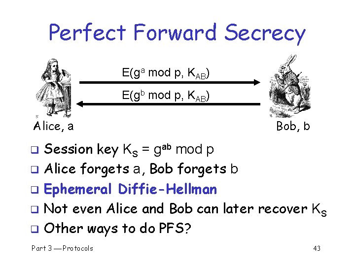 Perfect Forward Secrecy E(ga mod p, KAB) E(gb mod p, KAB) Alice, a Bob,