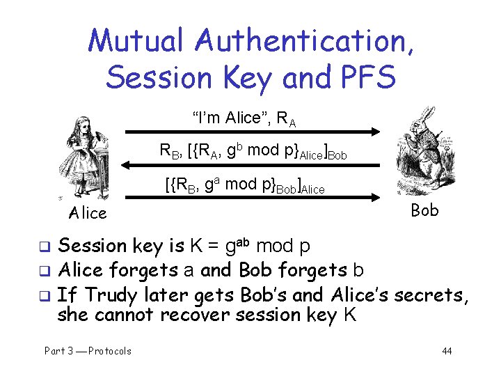 Mutual Authentication, Session Key and PFS “I’m Alice”, RA RB, [{RA, gb mod p}Alice]Bob