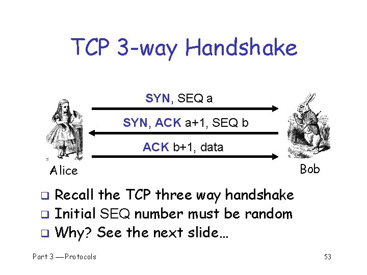 TCP 3 -way Handshake SYN, SEQ a SYN, ACK a+1, SEQ b ACK b+1,