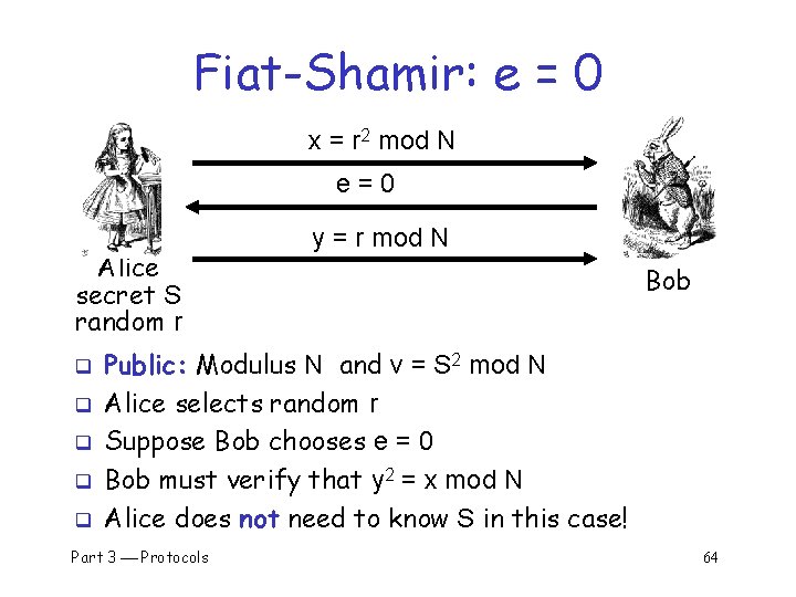 Fiat-Shamir: e = 0 x = r 2 mod N e=0 Alice secret S