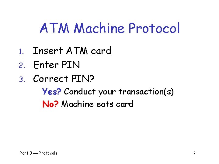 ATM Machine Protocol 1. 2. 3. Insert ATM card Enter PIN Correct PIN? Yes?