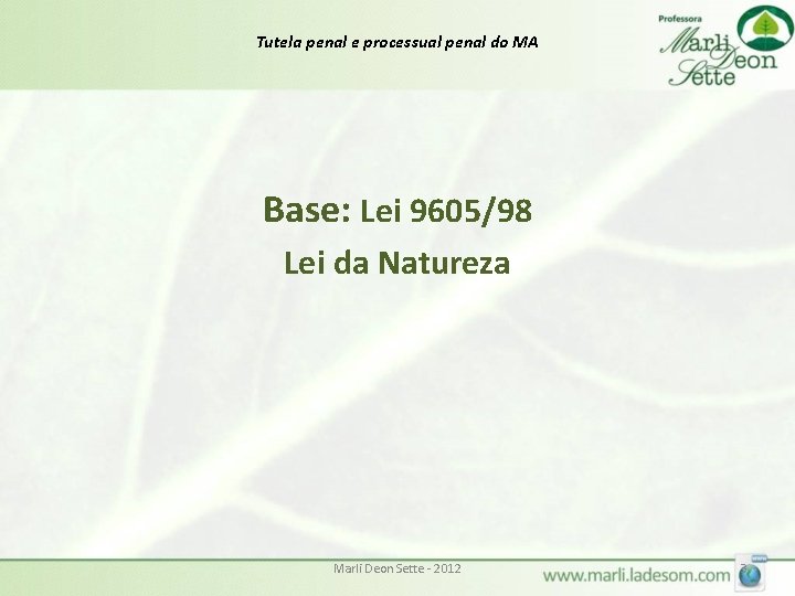 Tutela penal e processual penal do MA Base: Lei 9605/98 Lei da Natureza Marli