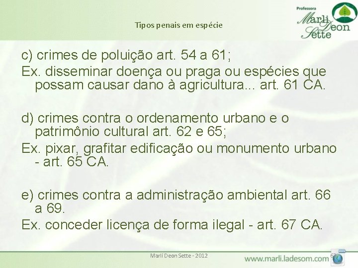 Tipos penais em espécie c) crimes de poluição art. 54 a 61; Ex. disseminar