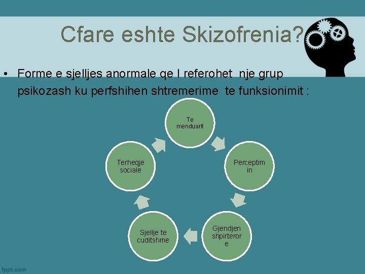 Cfare eshte Skizofrenia? • Forme e sjelljes anormale qe I referohet nje grup psikozash