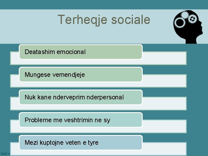 Terheqje sociale Deatashim emocional Mungese vemendjeje Nuk kane nderveprim nderpersonal Probleme me veshtrimin ne