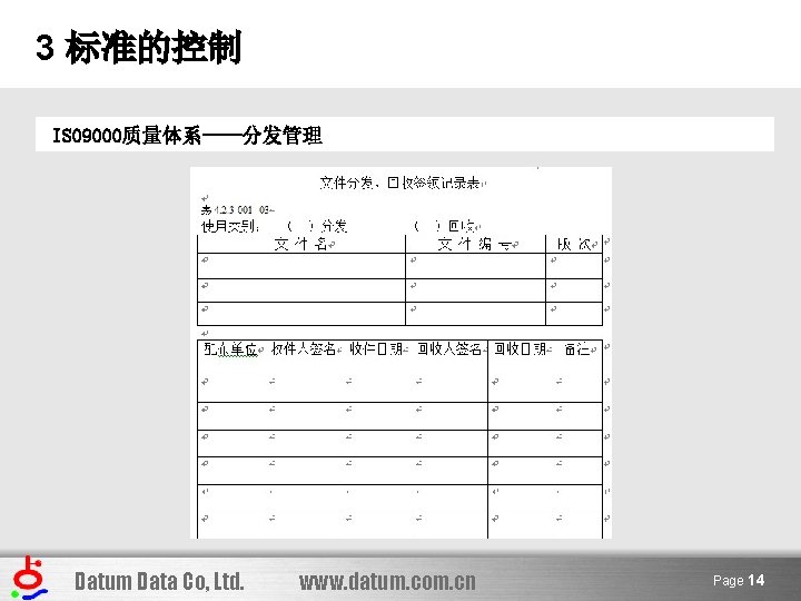 3 标准的控制 ISO 9000质量体系——分发管理 Datum Data Co, Ltd. www. datum. com. cn Page 14