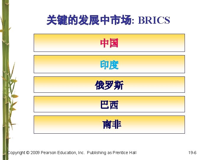 关键的发展中市场: BRICS 中国 印度 俄罗斯 巴西 南非 Copyright © 2009 Pearson Education, Inc. Publishing