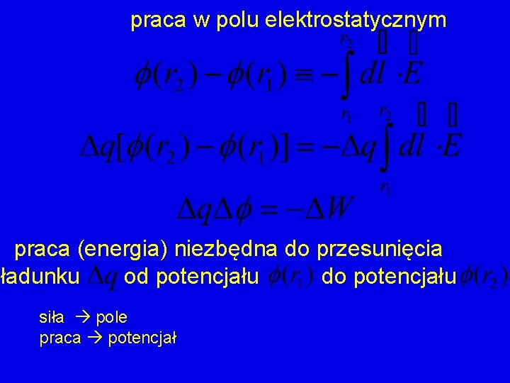 praca w polu elektrostatycznym praca (energia) niezbędna do przesunięcia ładunku od potencjału do potencjału