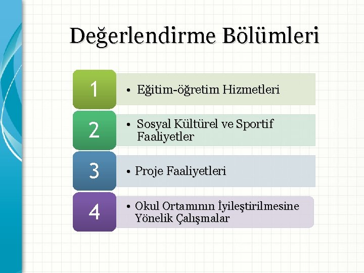 Değerlendirme Bölümleri 1 • Eğitim-öğretim Hizmetleri 2 • Sosyal Kültürel ve Sportif Faaliyetler 3