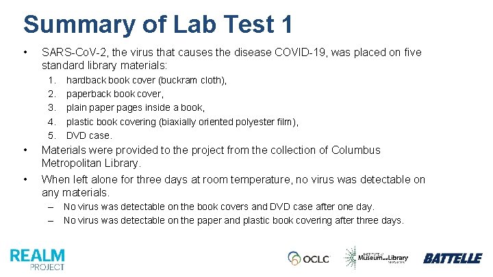 Summary of Lab Test 1 • SARS-Co. V-2, the virus that causes the disease