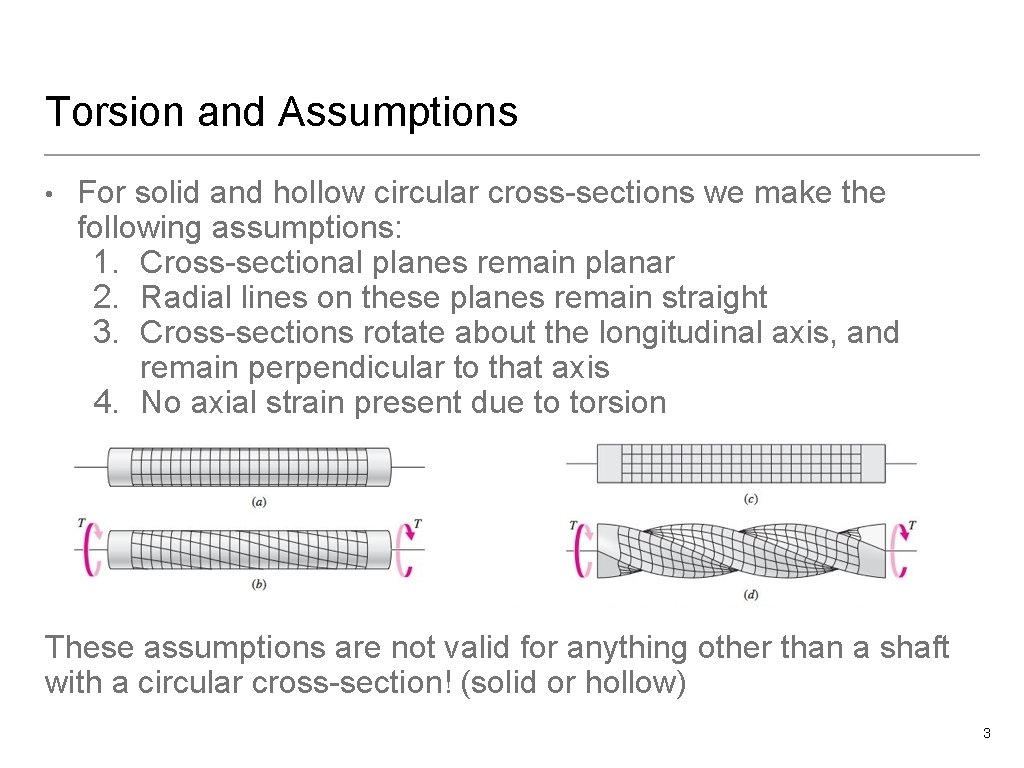 Torsion and Assumptions • For solid and hollow circular cross-sections we make the following