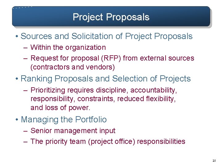 Project Proposals • Sources and Solicitation of Project Proposals – Within the organization – Project Proposals • Sources and Solicitation of Project Proposals – Within the organization –