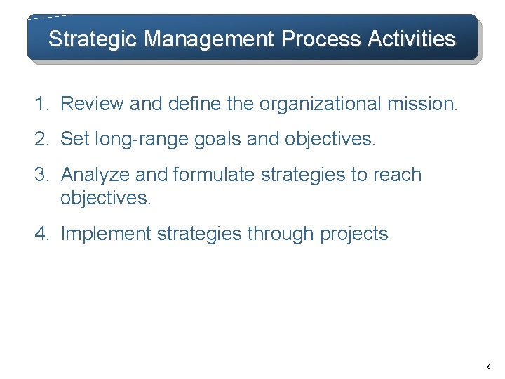Strategic Management Process Activities 1. Review and define the organizational mission. 2. Set long-range Strategic Management Process Activities 1. Review and define the organizational mission. 2. Set long-range